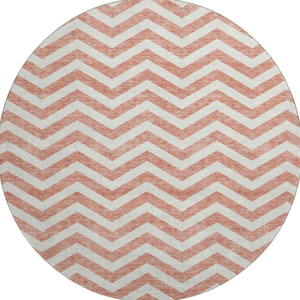 HomeRoots 8' Salmon and Ivory Chevron Washable Round Rug - Stylish, Durable, UV-Protected for Any Space 673330