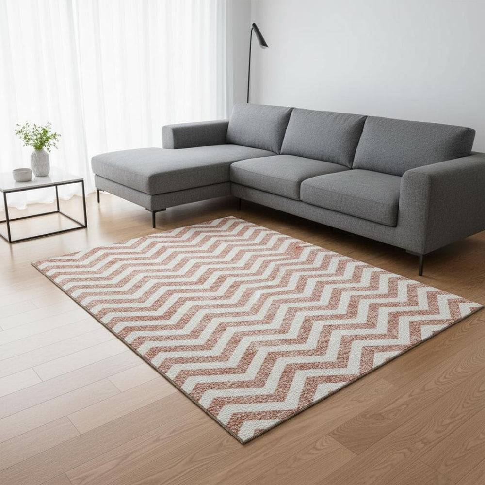 HomeRoots 8' X 10' Salmon and Ivory Chevron Area Rug - Stylish, Washable, UV-Protected for Family Spaces 673331