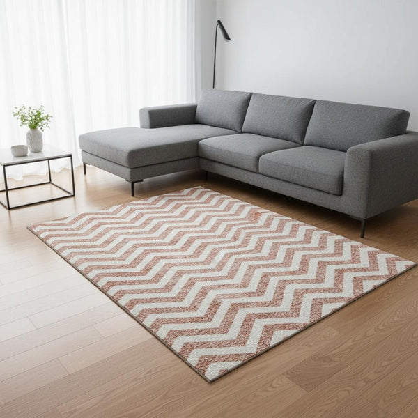 HomeRoots 8' X 10' Salmon and Ivory Chevron Area Rug - Stylish, Washable, UV-Protected for Family Spaces 673331
