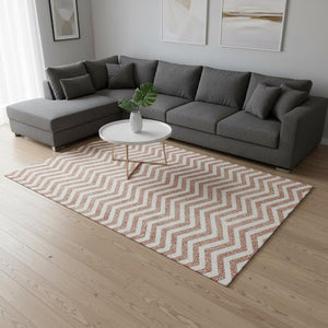 HomeRoots 9' X 12' Salmon & Ivory Chevron Area Rug - Washable, UV Protected, Stain-Resistant for Busy Homes 673332