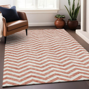 HomeRoots 9' X 12' Salmon & Ivory Chevron Area Rug - Washable, UV Protected, Stain-Resistant for Busy Homes 673332