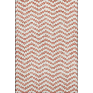 HomeRoots 9' X 12' Salmon & Ivory Chevron Area Rug - Washable, UV Protected, Stain-Resistant for Busy Homes 673332