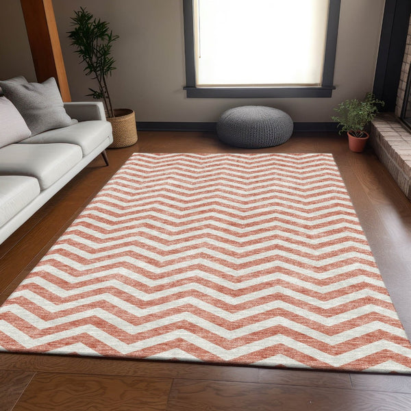 HomeRoots 9' X 12' Salmon & Ivory Chevron Area Rug - Washable, UV Protected, Stain-Resistant for Busy Homes 673332