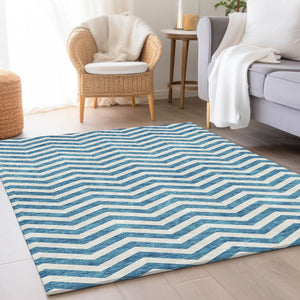 HomeRoots 5' X 8' Teal And Ivory Chevron Rug - Washable, UV Protected, Stylish & Durable for Busy Homes 673335