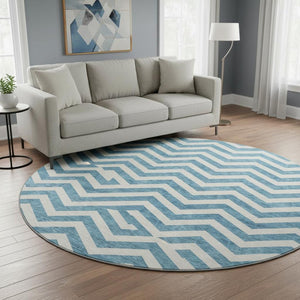 HomeRoots 8' Teal and Ivory Chevron Rug - Durable, Machine-Washable Round Design with UV Protection & Style! 673336