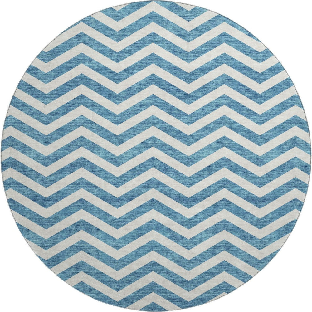 HomeRoots 8' Teal and Ivory Chevron Rug - Durable, Machine-Washable Round Design with UV Protection & Style! 673336