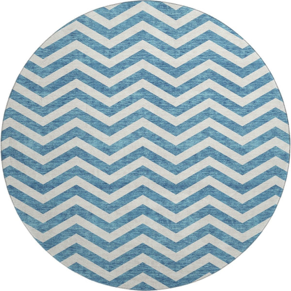 HomeRoots 8' Teal and Ivory Chevron Rug - Durable, Machine-Washable Round Design with UV Protection & Style! 673336