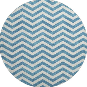 HomeRoots 8' Teal and Ivory Chevron Rug - Durable, Machine-Washable Round Design with UV Protection & Style! 673336