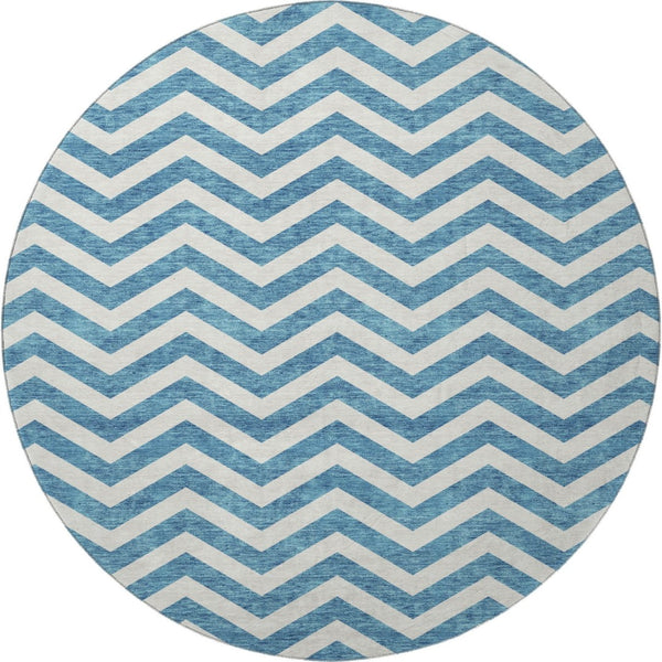 HomeRoots 8' Teal and Ivory Chevron Rug - Durable, Machine-Washable Round Design with UV Protection & Style! 673336