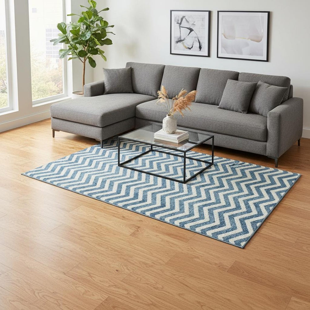 HomeRoots 9' X 12' Teal And Ivory Chevron Washable Area Rug - Durable, Stain-Resistant, UV Protected Design! 673338