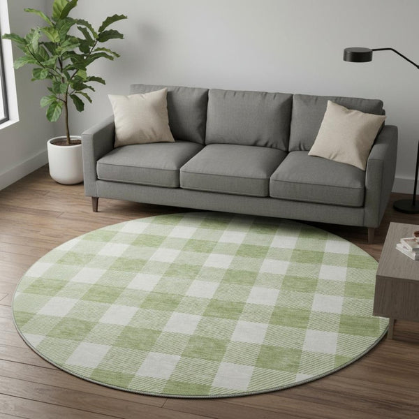 HomeRoots 8' Artichoke Green & Ivory Plaid Washable Round Rug with UV Protection for Stylish, Busy Homes 673342