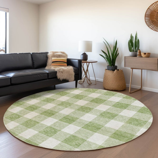 HomeRoots 8' Artichoke Green & Ivory Plaid Washable Round Rug with UV Protection for Stylish, Busy Homes 673342