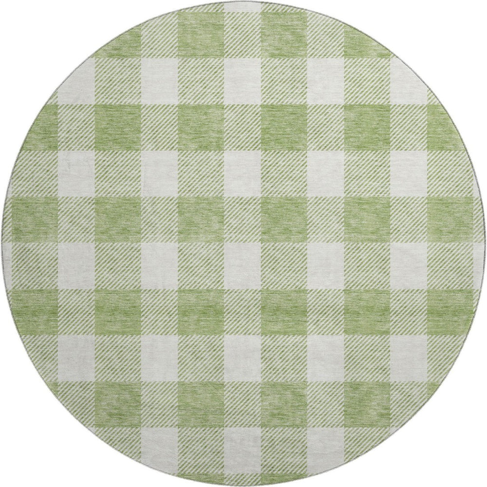 HomeRoots 8' Artichoke Green & Ivory Plaid Washable Round Rug with UV Protection for Stylish, Busy Homes 673342