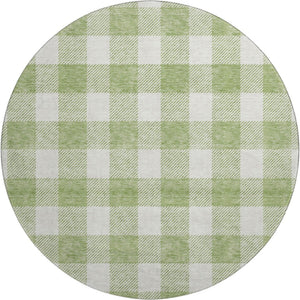 HomeRoots 8' Artichoke Green & Ivory Plaid Washable Round Rug with UV Protection for Stylish, Busy Homes 673342