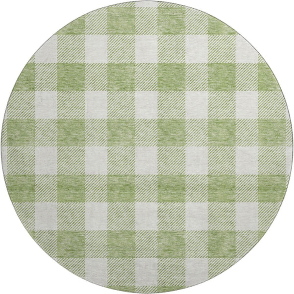 HomeRoots 8' Artichoke Green & Ivory Plaid Washable Round Rug with UV Protection for Stylish, Busy Homes 673342