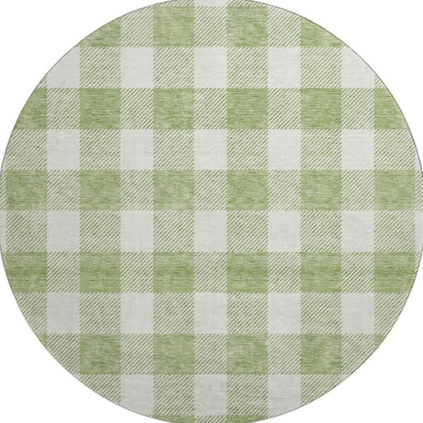 HomeRoots 8' Artichoke Green & Ivory Plaid Washable Round Rug with UV Protection for Stylish, Busy Homes 673342