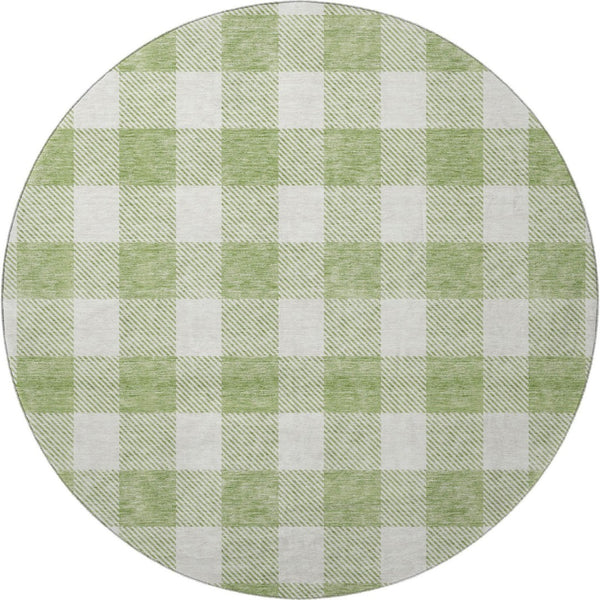 HomeRoots 8' Artichoke Green & Ivory Plaid Washable Round Rug with UV Protection for Stylish, Busy Homes 673342