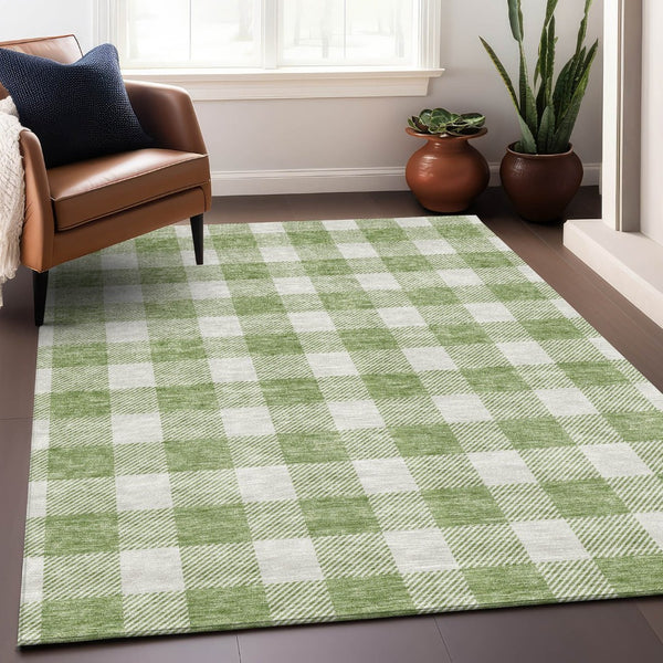 HomeRoots 9' X 12' Artichoke Green & Ivory Plaid Washable Area Rug – Durable, Stylish, UV-Protected Design! 673344