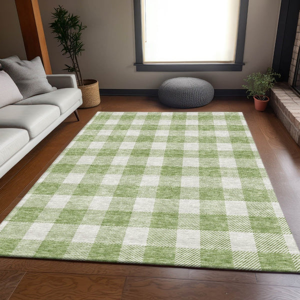 HomeRoots 9' X 12' Artichoke Green & Ivory Plaid Washable Area Rug – Durable, Stylish, UV-Protected Design! 673344
