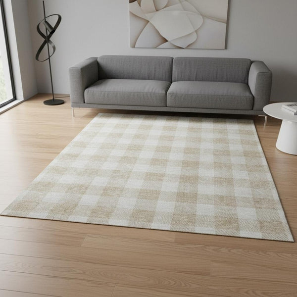 HomeRoots 5' X 8' Beige and Ivory Plaid Area Rug - Washable, Stain Resistant, and UV Protected for All Spaces 673347