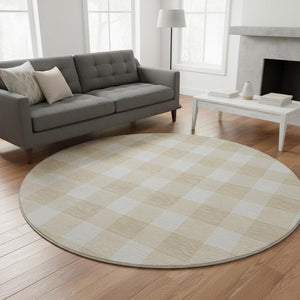 HomeRoots 8' Beige Plaid Washable Round Rug - UV Protected, Durable Polyester for High-Traffic Homes & Style 673348