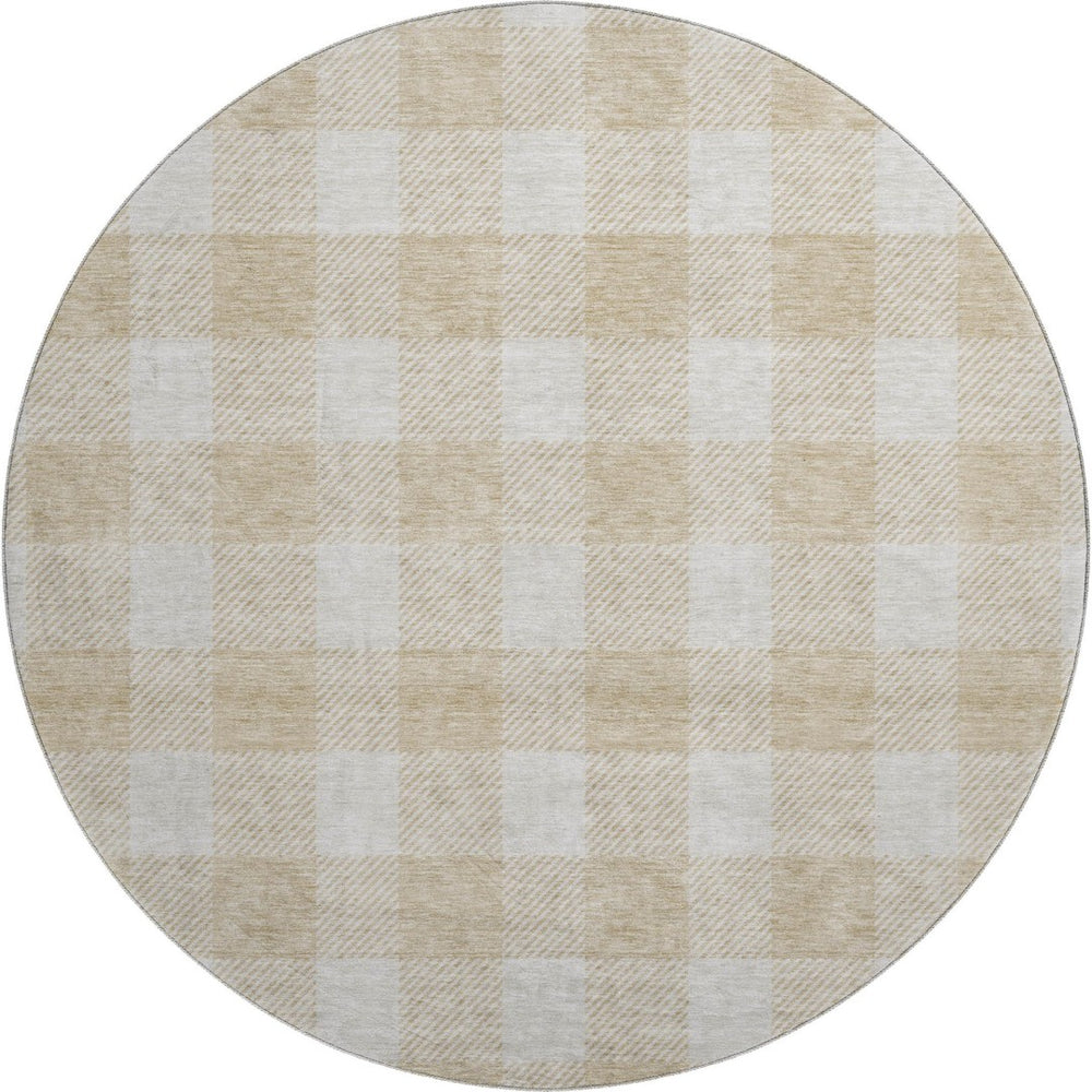 HomeRoots 8' Beige Plaid Washable Round Rug - UV Protected, Durable Polyester for High-Traffic Homes & Style 673348