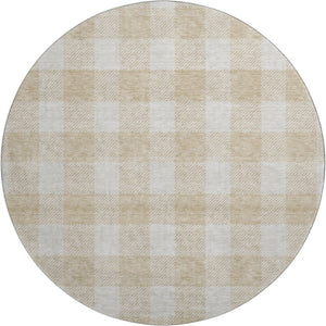 HomeRoots 8' Beige Plaid Washable Round Rug - UV Protected, Durable Polyester for High-Traffic Homes & Style 673348