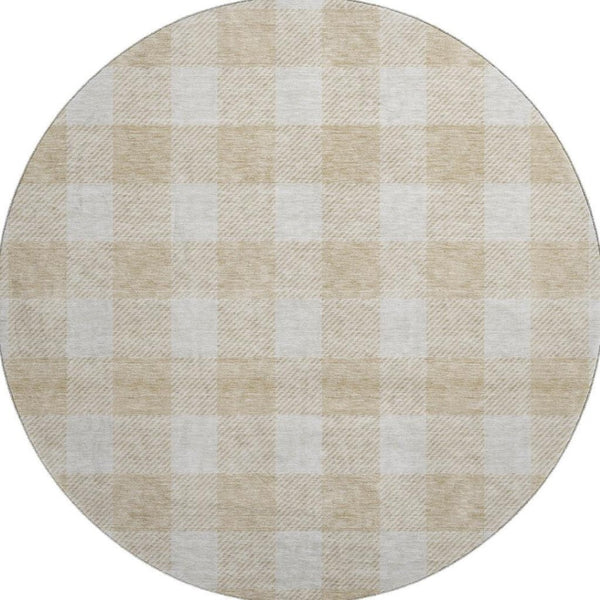 HomeRoots 8' Beige Plaid Washable Round Rug - UV Protected, Durable Polyester for High-Traffic Homes & Style 673348