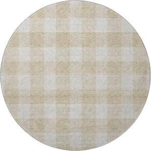 HomeRoots 8' Beige Plaid Washable Round Rug - UV Protected, Durable Polyester for High-Traffic Homes & Style 673348