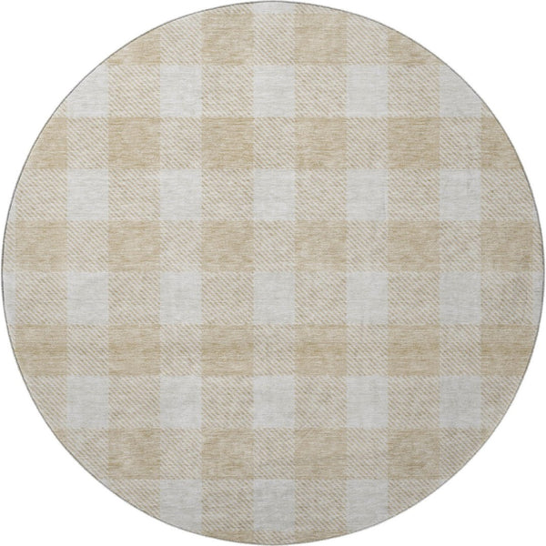 HomeRoots 8' Beige Plaid Washable Round Rug - UV Protected, Durable Polyester for High-Traffic Homes & Style 673348