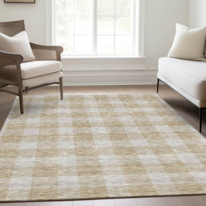 HomeRoots 8' X 10' Beige and Ivory Plaid Washable Area Rug – Durable, Stylish, UV-Protected for Busy Homes 673349
