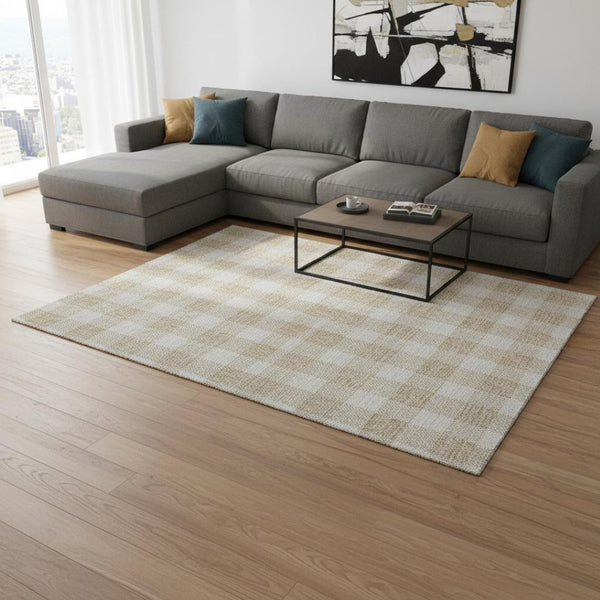 HomeRoots 9' X 12' Beige and Ivory Plaid Area Rug - Washable, UV Protected, Durable for High-Traffic Spaces! 673350