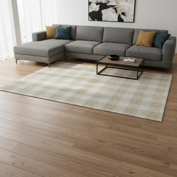 HomeRoots 10' X 14' Beige and Ivory Plaid Washable Area Rug - Durable, Stain-Resistant with UV Protection! 673351