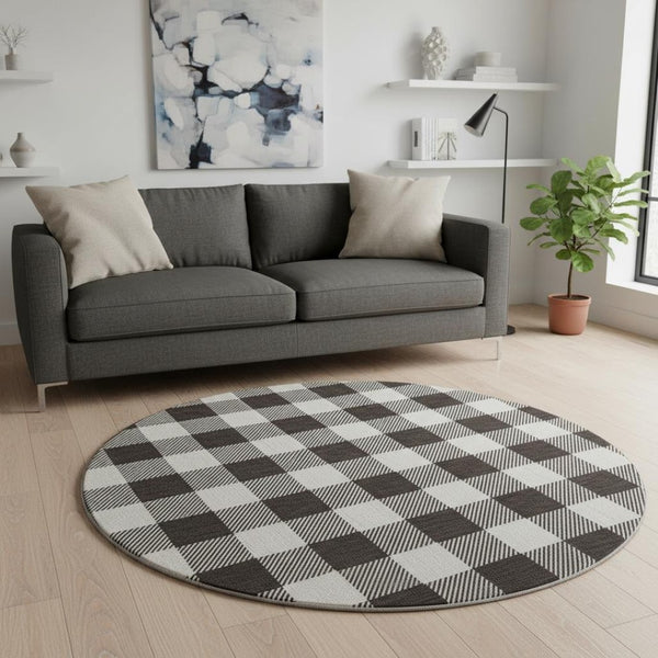 HomeRoots 8' Black And Ivory Plaid Washable Round Rug with UV Protection - Durable, Stylish, and Easy Care! 673354