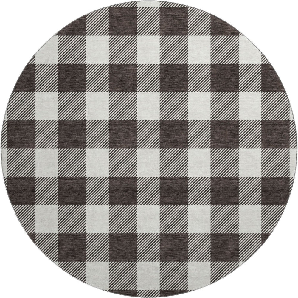HomeRoots 8' Black And Ivory Plaid Washable Round Rug with UV Protection - Durable, Stylish, and Easy Care! 673354