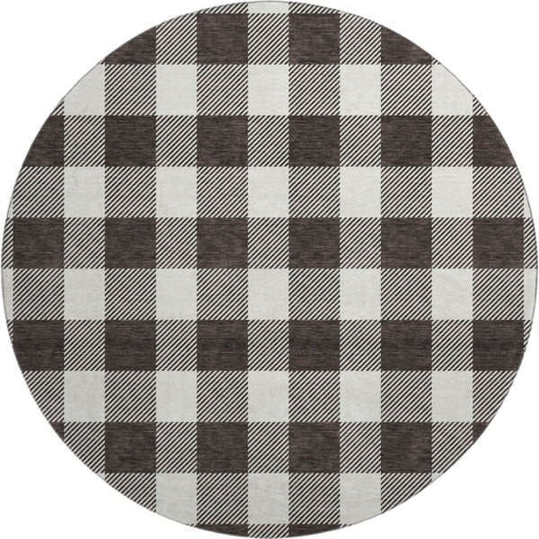 HomeRoots 8' Black And Ivory Plaid Washable Round Rug with UV Protection - Durable, Stylish, and Easy Care! 673354