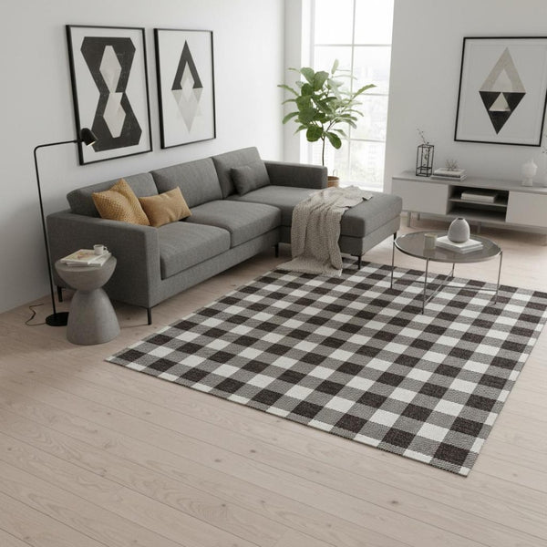 HomeRoots 9' X 12' Black And Ivory Plaid Washable Area Rug – Stylish, Durable, Stain-Resistant, UV-Protected Design 673356