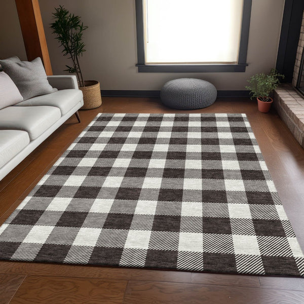 HomeRoots 9' X 12' Black And Ivory Plaid Washable Area Rug – Stylish, Durable, Stain-Resistant, UV-Protected Design 673356