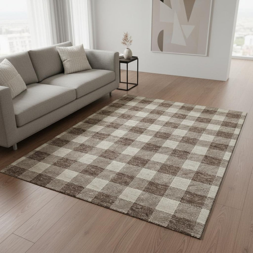 HomeRoots 5' X 8' Brown And Beige Plaid Area Rug - Washable, Durable, UV-Protected for Busy Homes & Kids 673359