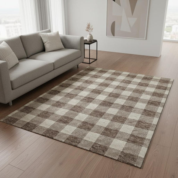 HomeRoots 5' X 8' Brown And Beige Plaid Area Rug - Washable, Durable, UV-Protected for Busy Homes & Kids 673359