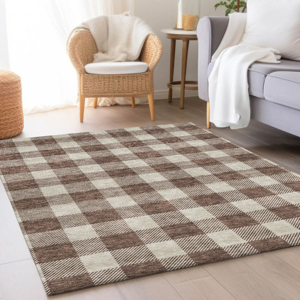 HomeRoots 5' X 8' Brown And Beige Plaid Area Rug - Washable, Durable, UV-Protected for Busy Homes & Kids 673359
