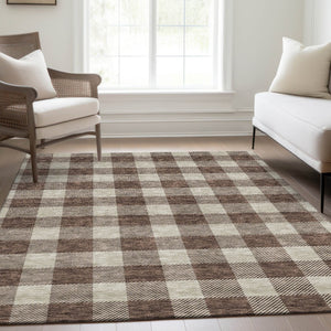 HomeRoots 5' X 8' Brown And Beige Plaid Area Rug - Washable, Durable, UV-Protected for Busy Homes & Kids 673359