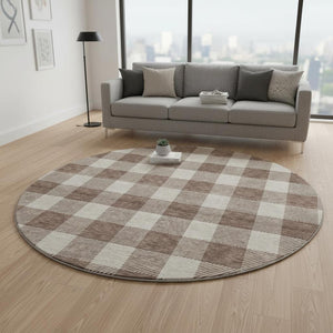 HomeRoots 8' Washable Brown and Beige Plaid Round Rug with UV Protection for Stylish, Low-Maintenance Living 673360