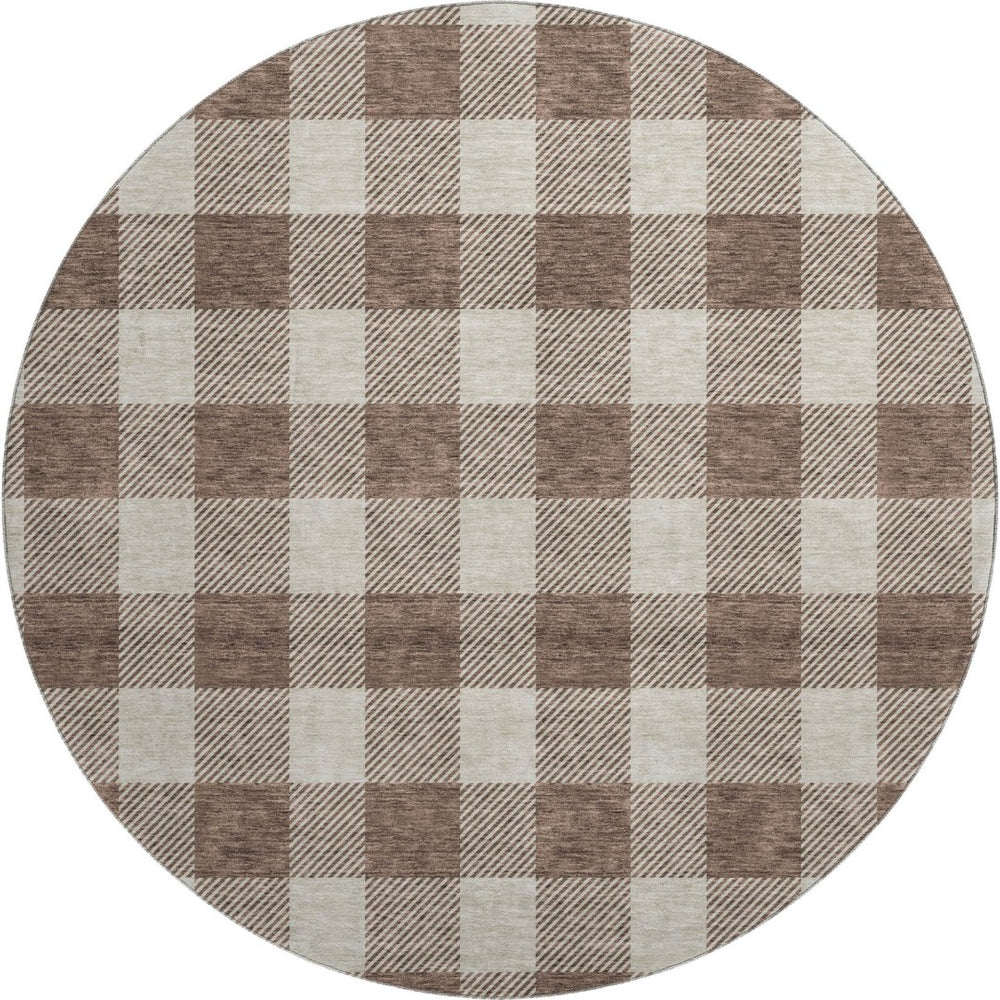 HomeRoots 8' Washable Brown and Beige Plaid Round Rug with UV Protection for Stylish, Low-Maintenance Living 673360