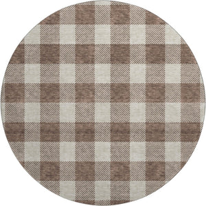 HomeRoots 8' Washable Brown and Beige Plaid Round Rug with UV Protection for Stylish, Low-Maintenance Living 673360