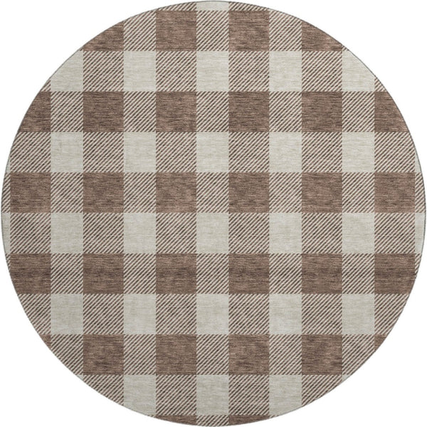 HomeRoots 8' Washable Brown and Beige Plaid Round Rug with UV Protection for Stylish, Low-Maintenance Living 673360