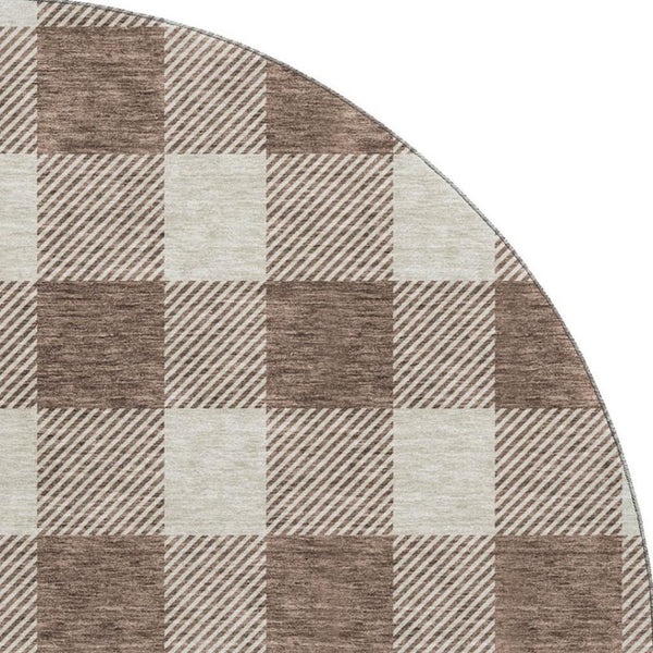HomeRoots 8' Washable Brown and Beige Plaid Round Rug with UV Protection for Stylish, Low-Maintenance Living 673360
