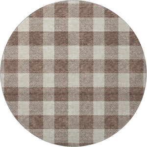 HomeRoots 8' Washable Brown and Beige Plaid Round Rug with UV Protection for Stylish, Low-Maintenance Living 673360
