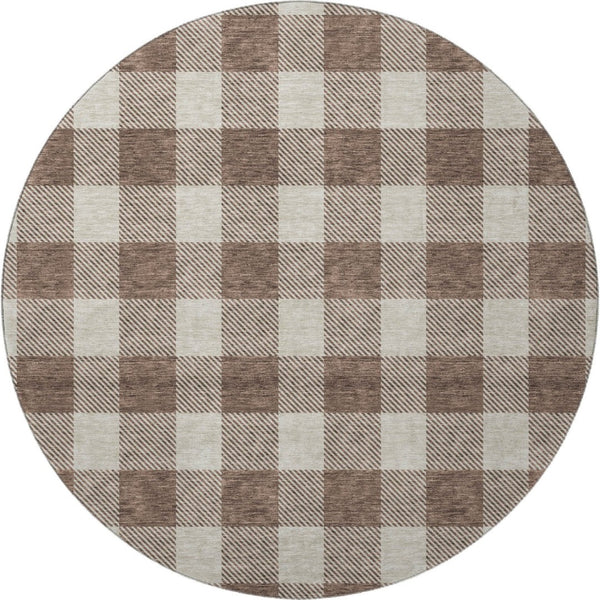 HomeRoots 8' Washable Brown and Beige Plaid Round Rug with UV Protection for Stylish, Low-Maintenance Living 673360