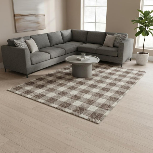 HomeRoots 8' X 10' Brown and Beige Plaid Washable Area Rug – Stylish, Durable, UV-Protected for Family Spaces 673361